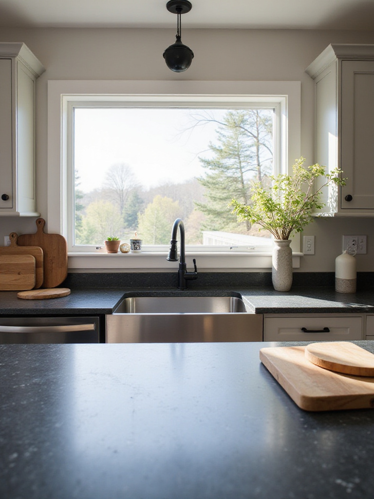Dark gray soapstone kitchen countertops with natural veining in a modern farmhouse kitchen.