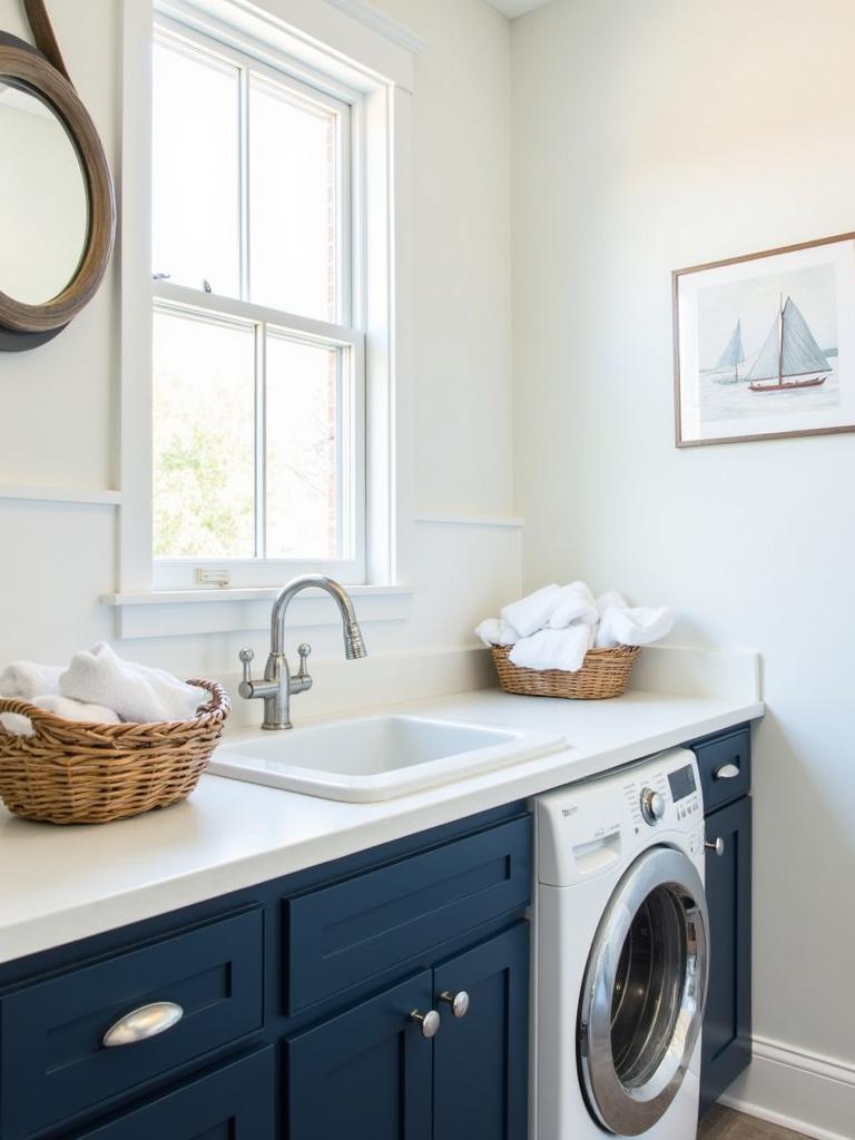 Nautical laundry room with navy blue cabinets and white walls