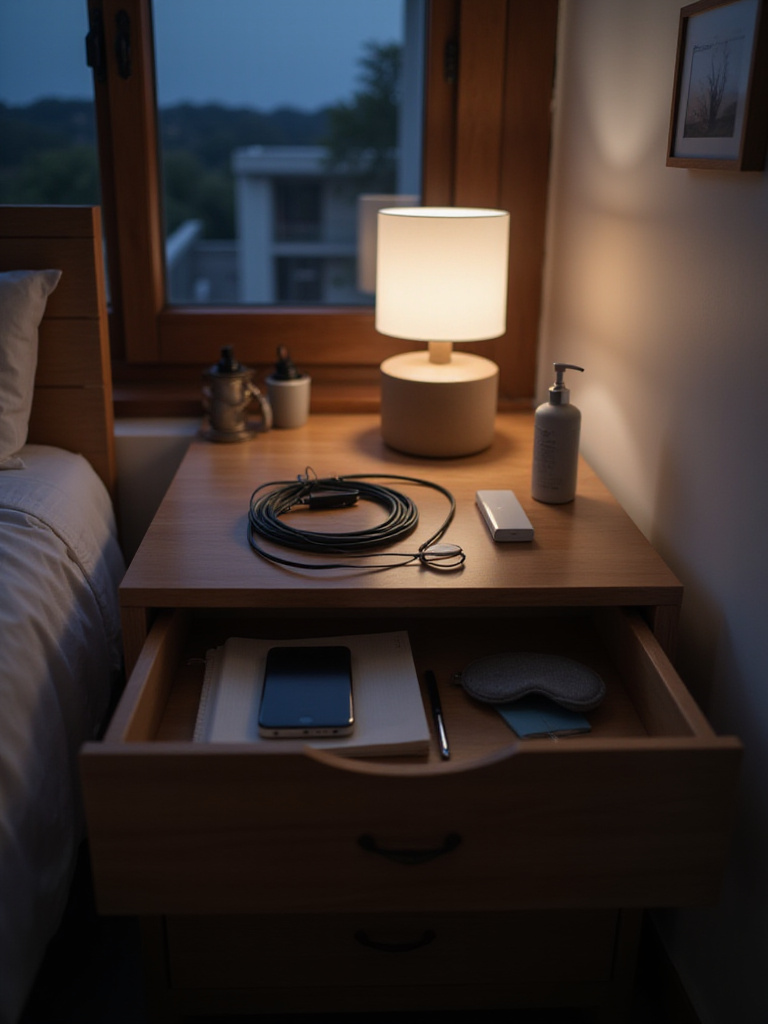 Nightstand drawers open showing organized essentials, bedside storage