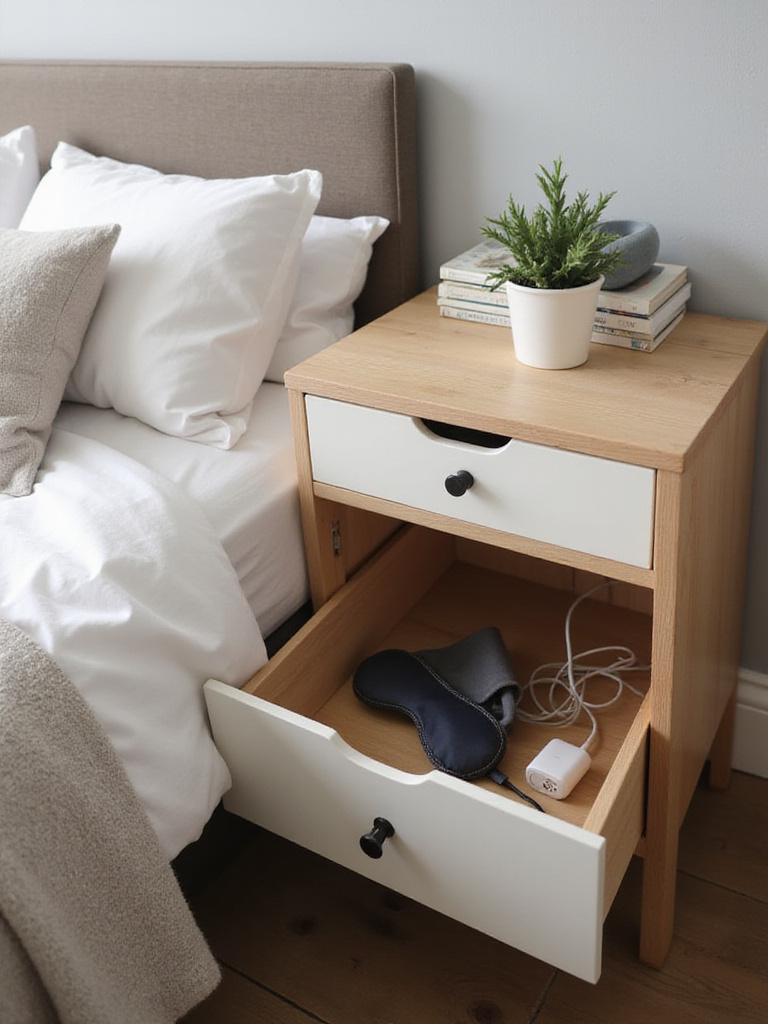 Nightstand with drawer and shelf storage in apartment bedroom.