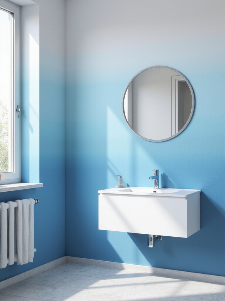 Bathroom with blue to white ombre wallpaper
