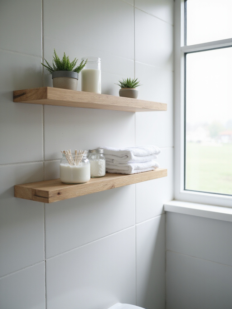 Modern bathroom with light wood floating shelf displaying towels, jars, and a succulent.