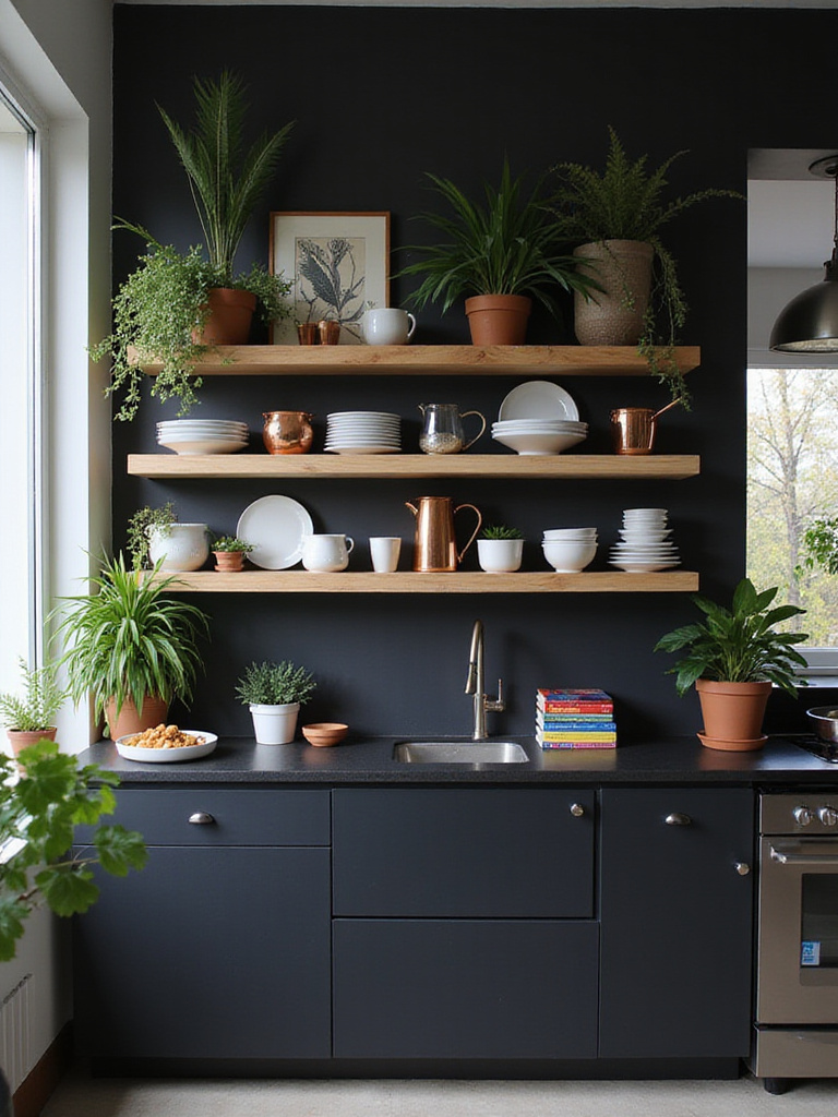 Black kitchen with open shelving displaying curated décor.