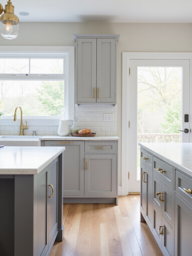 Modern kitchen with light grey shaker cabinets, white quartz countertops, and brass hardware.