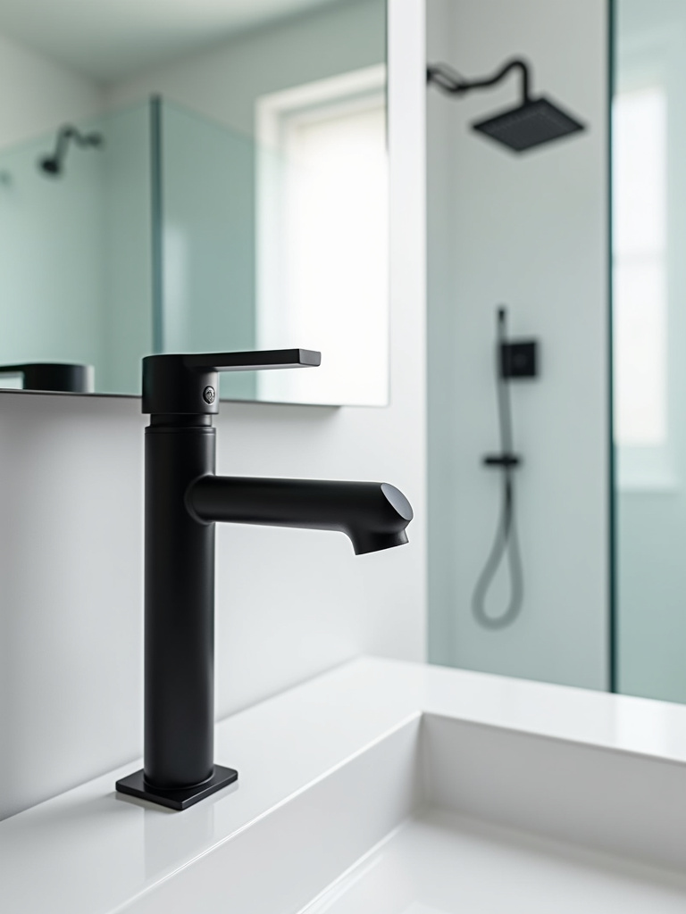 Minimalist bathroom with sleek matte black faucet and square rain showerhead
