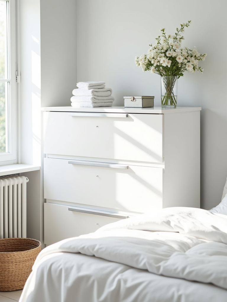 White bedroom with a clean, minimalist white dresser and organized storage solutions.