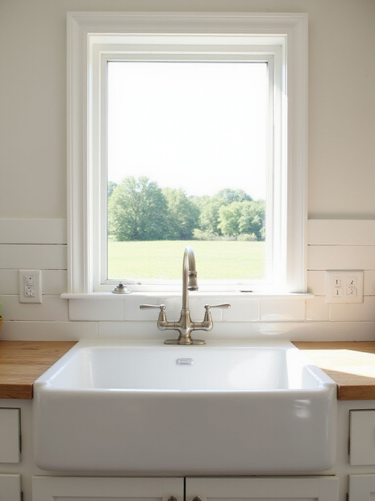 White fireclay apron front sink in a bright farmhouse kitchen