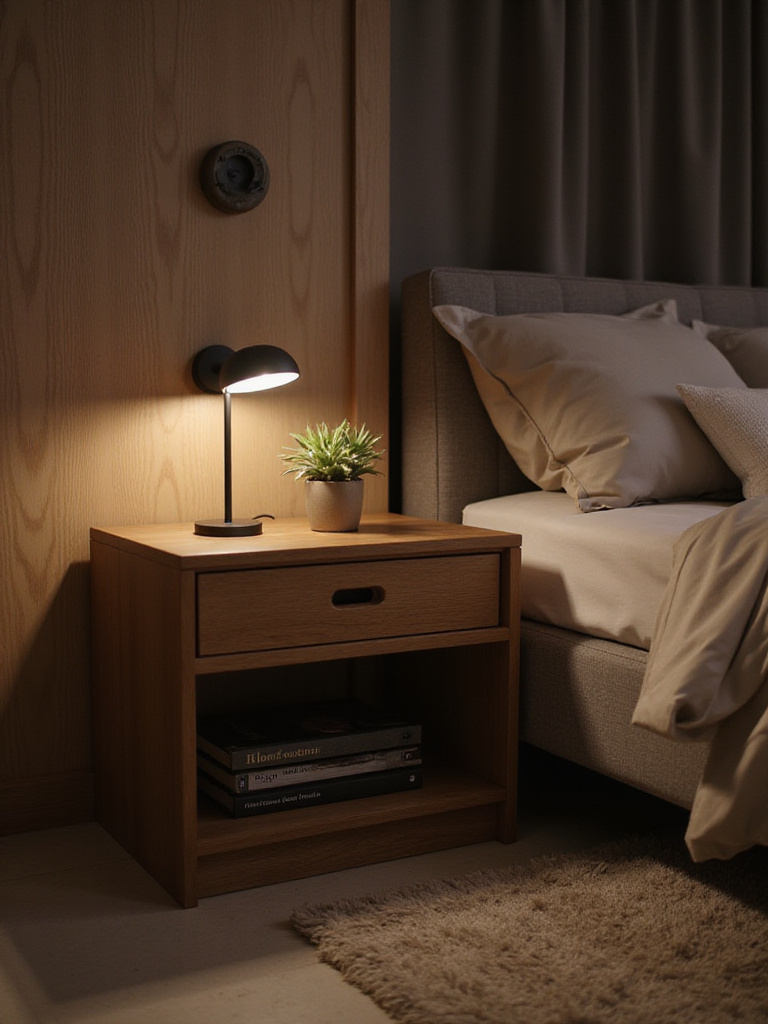 Modern bedroom with mismatched bedside tables tailored to individual needs and styles.