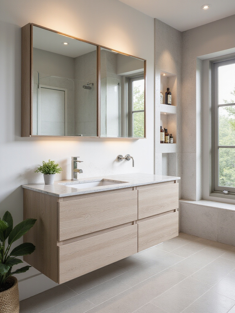 Modern bathroom with integrated storage solutions including a wall-mounted vanity, recessed medicine cabinet, and shower niche.
