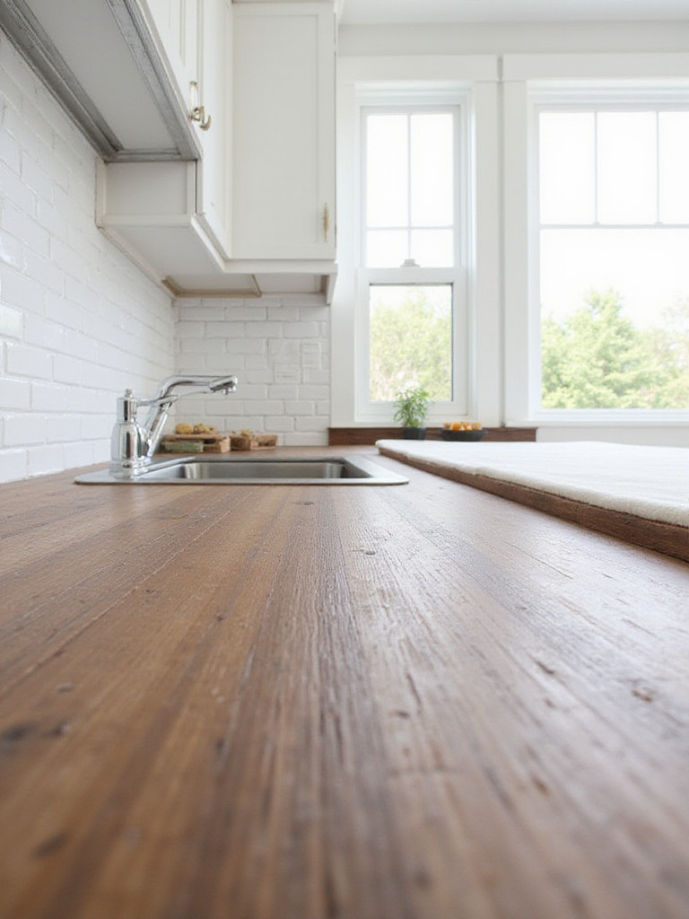 Natural walnut wood slab kitchen countertop with undermount sink