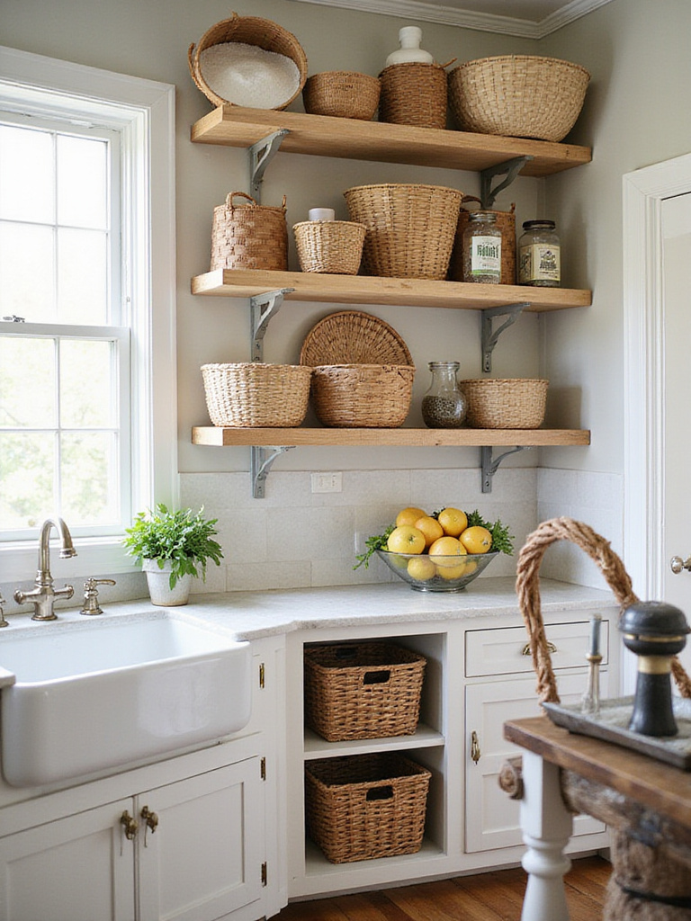Farmhouse kitchen with woven baskets used for storage and decoration on open shelving.