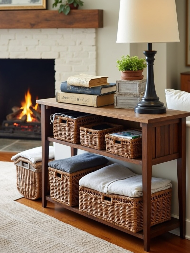 Rustic living room with woven baskets and wooden crates for stylish storage solutions.