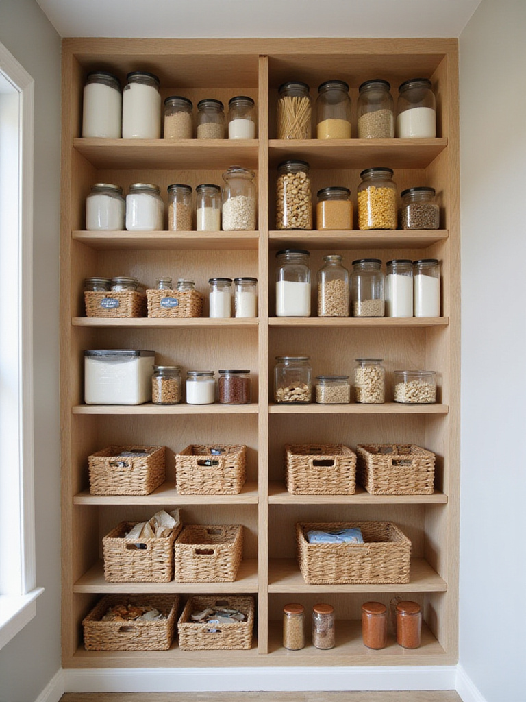 Organized kitchen pantry cabinet with clear containers and labeled shelves for efficient food storage.