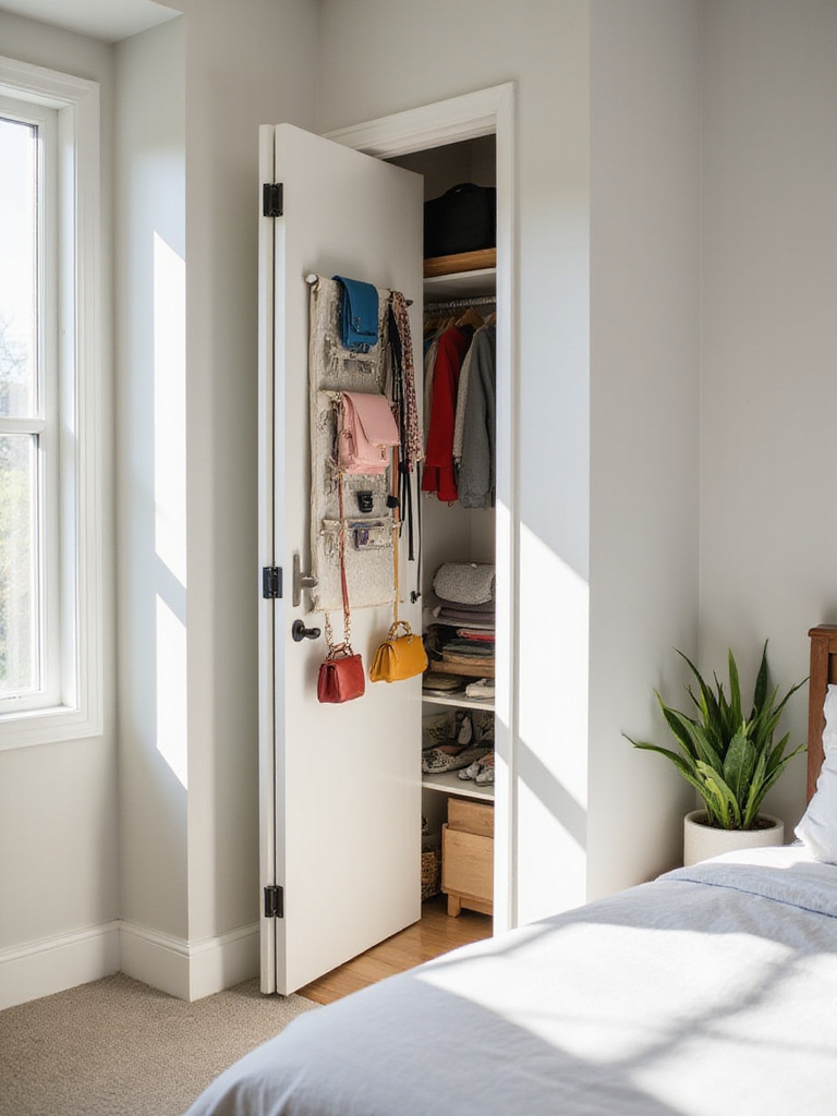 Over-the-door organizer for accessories in a minimalist bedroom closet.