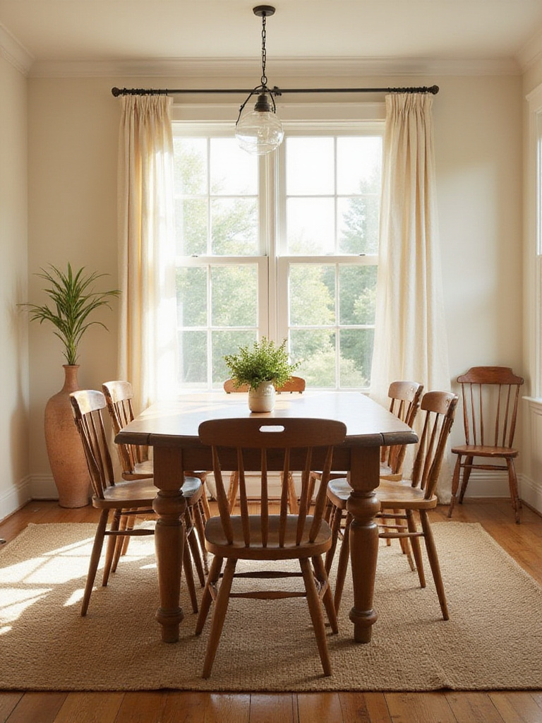 Rustic dining room with warm white walls, brown wood table, and earthy-toned rug.