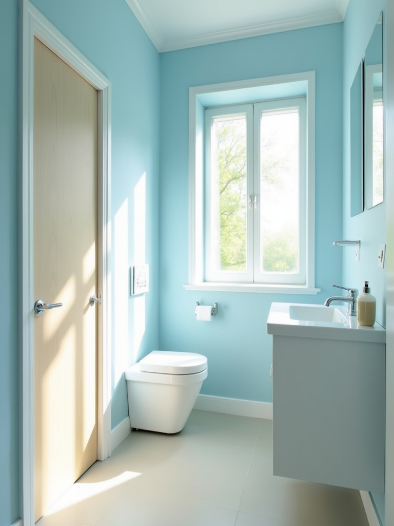 Small bathroom painted light blue, creating a spacious and airy feel