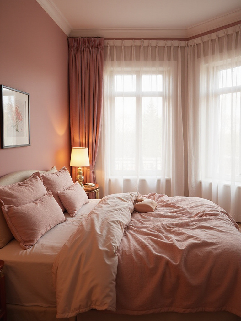 Romantic bedroom with dusty rose walls and luxurious pink bedding.