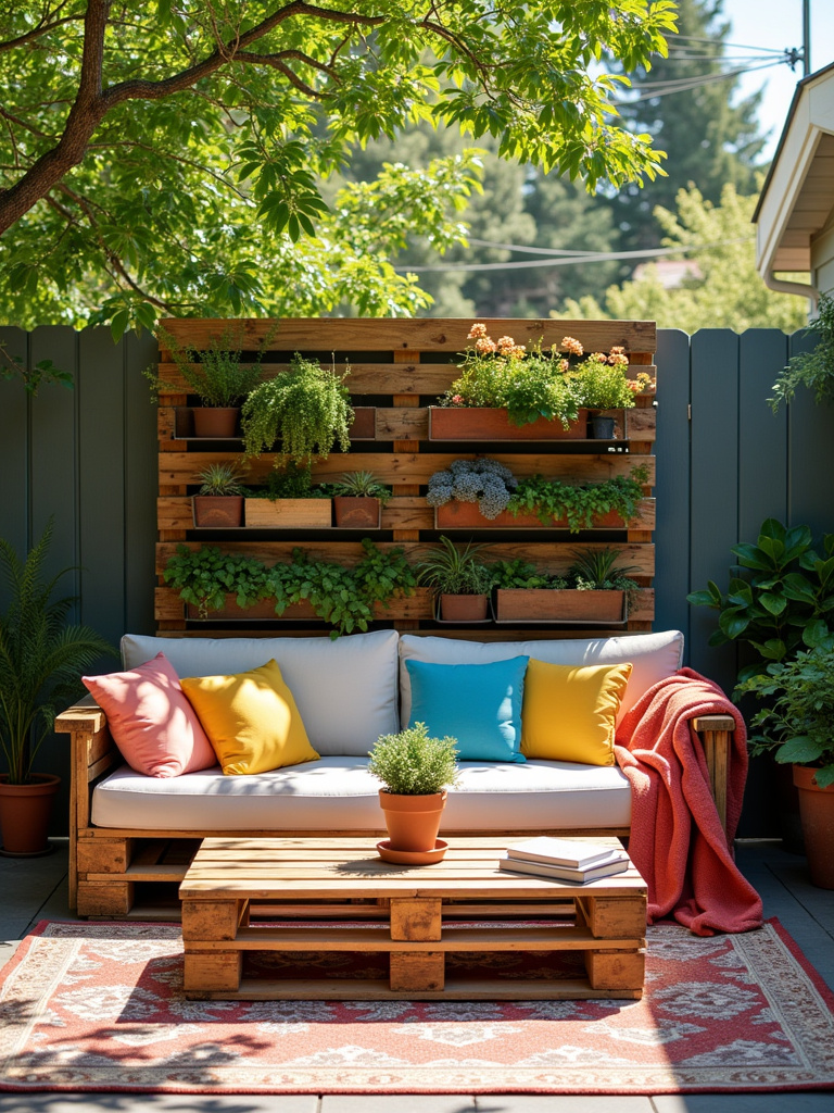 Backyard lounge area with DIY pallet sofa, coffee table, and vertical garden.