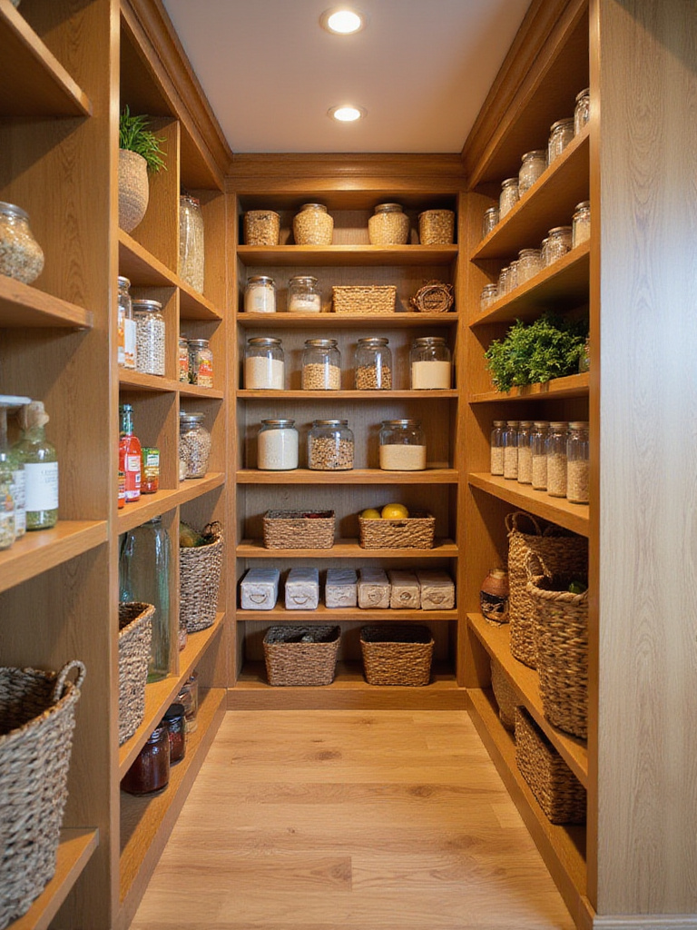 Visually appealing and organized walk-in kitchen pantry.