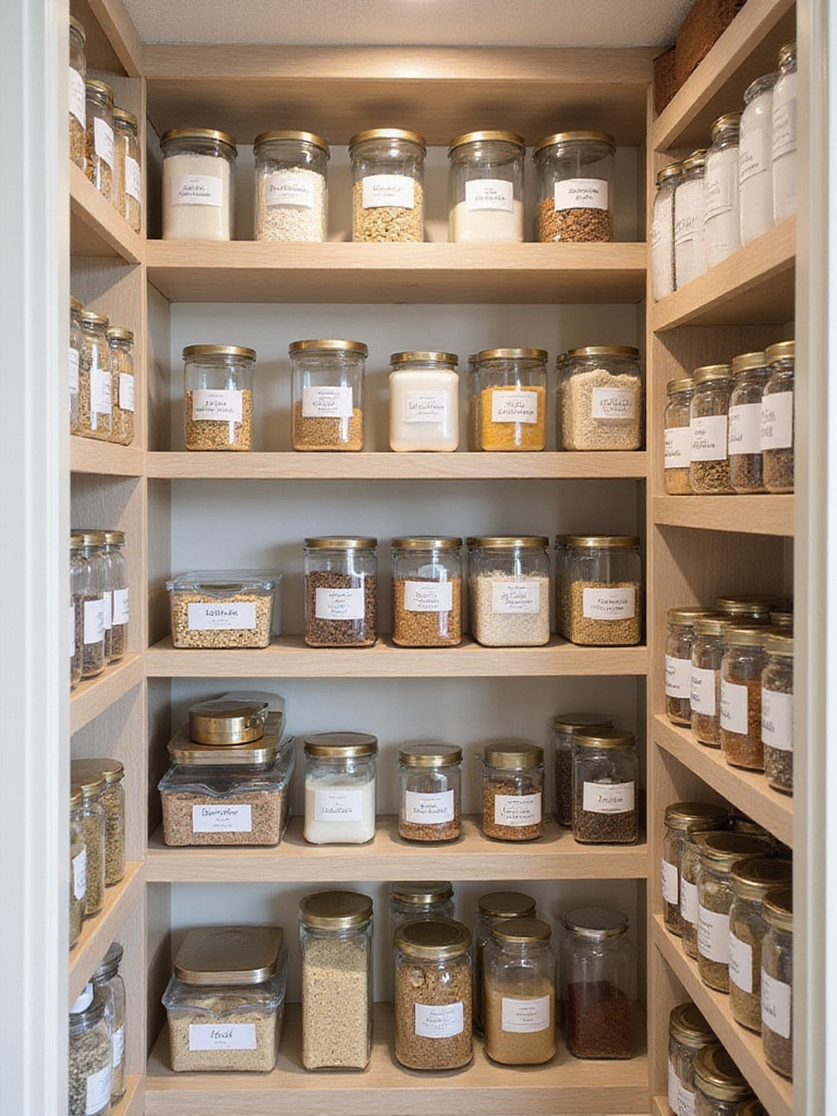 Maintain a Visually Appealing Pantry with Consistent Containers and Labels for a Sense of Calm
