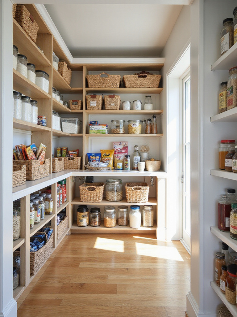 Organized pantry with dedicated zones for baking, snacks, breakfast, and cooking staples.