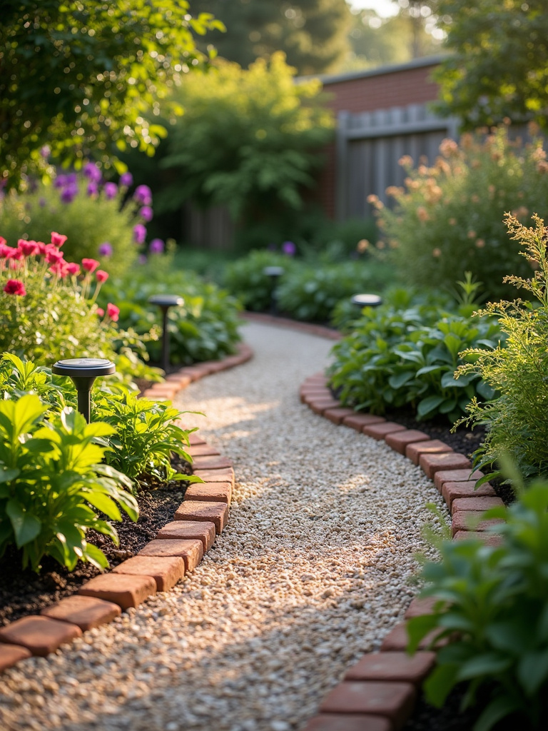 Charming gravel pathway winding through a lush backyard garden with brick edging and solar lights.