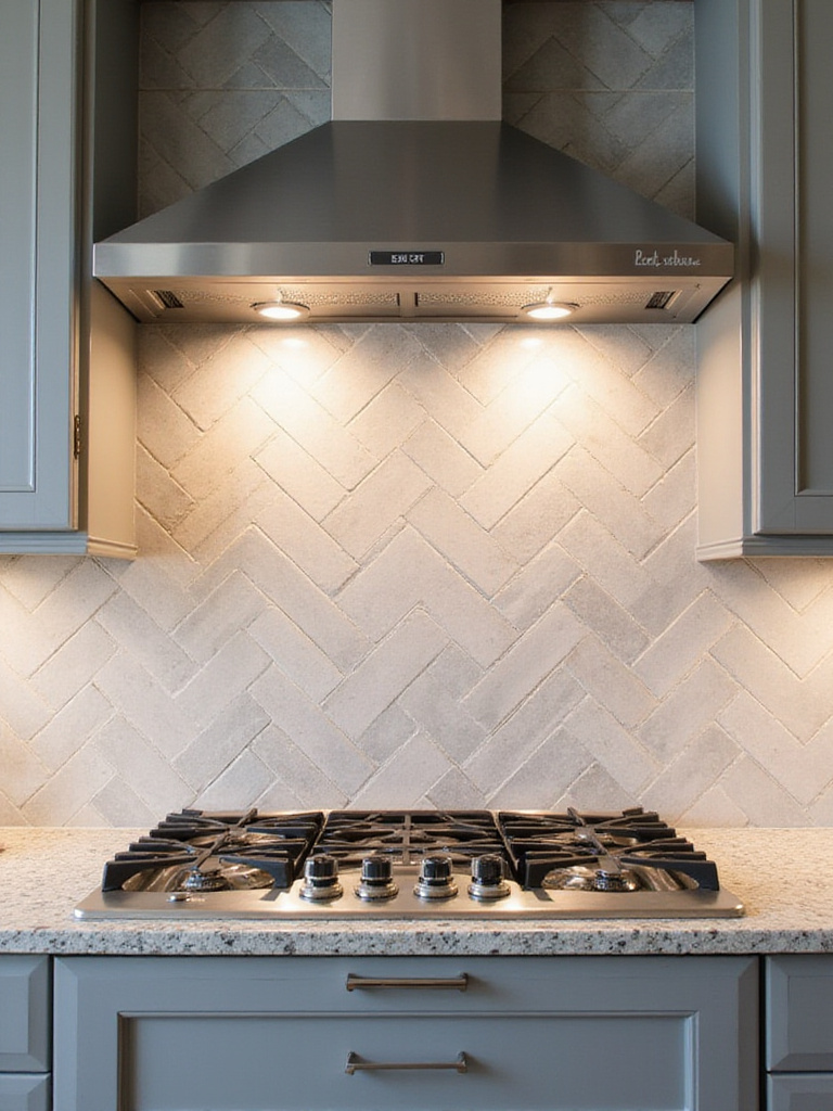 Light gray herringbone tile backsplash with stainless steel range hood