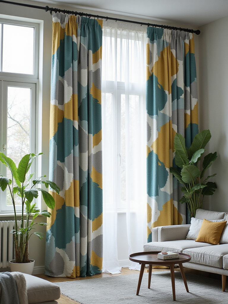 Modern living room with bold abstract geometric patterned curtains in teal, grey, and mustard yellow.