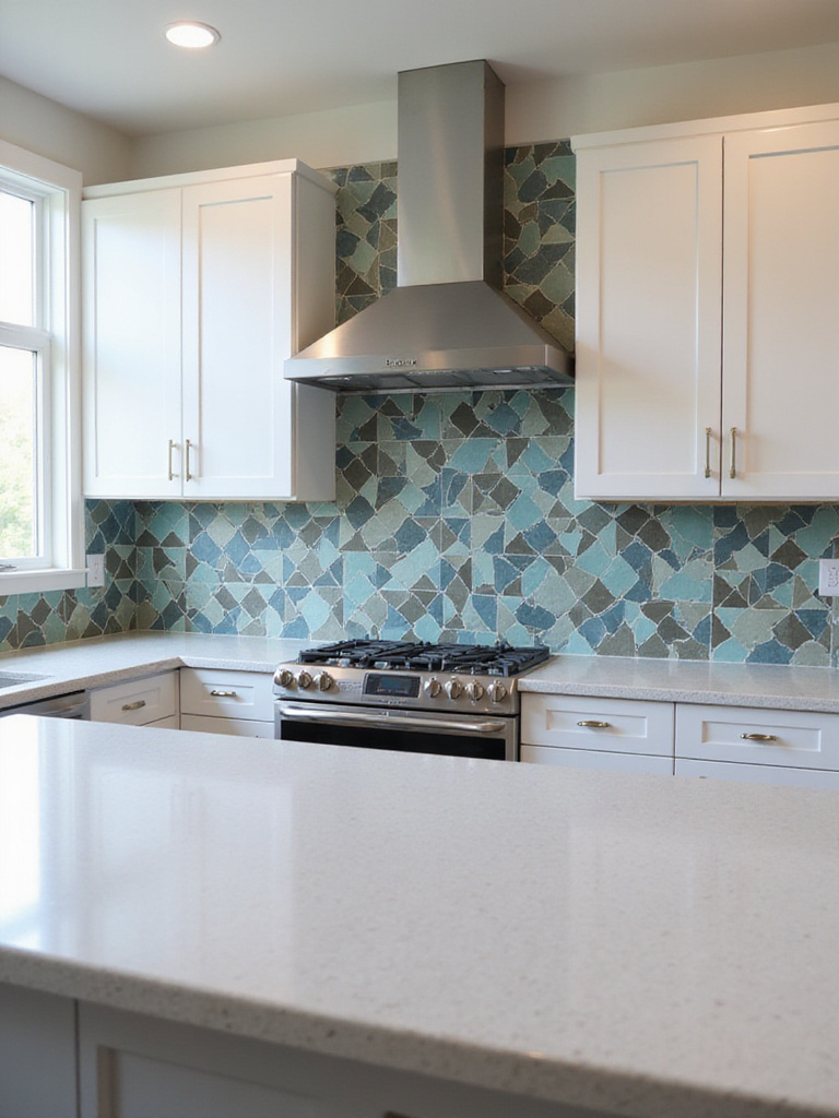 Modern kitchen with a bold geometric backsplash featuring blue, green, and grey tiles.