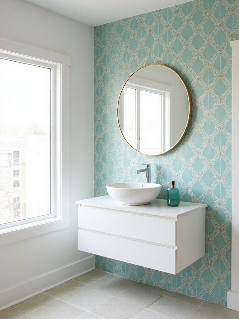 Modern bathroom with teal and gold geometric peel and stick wallpaper accent wall.