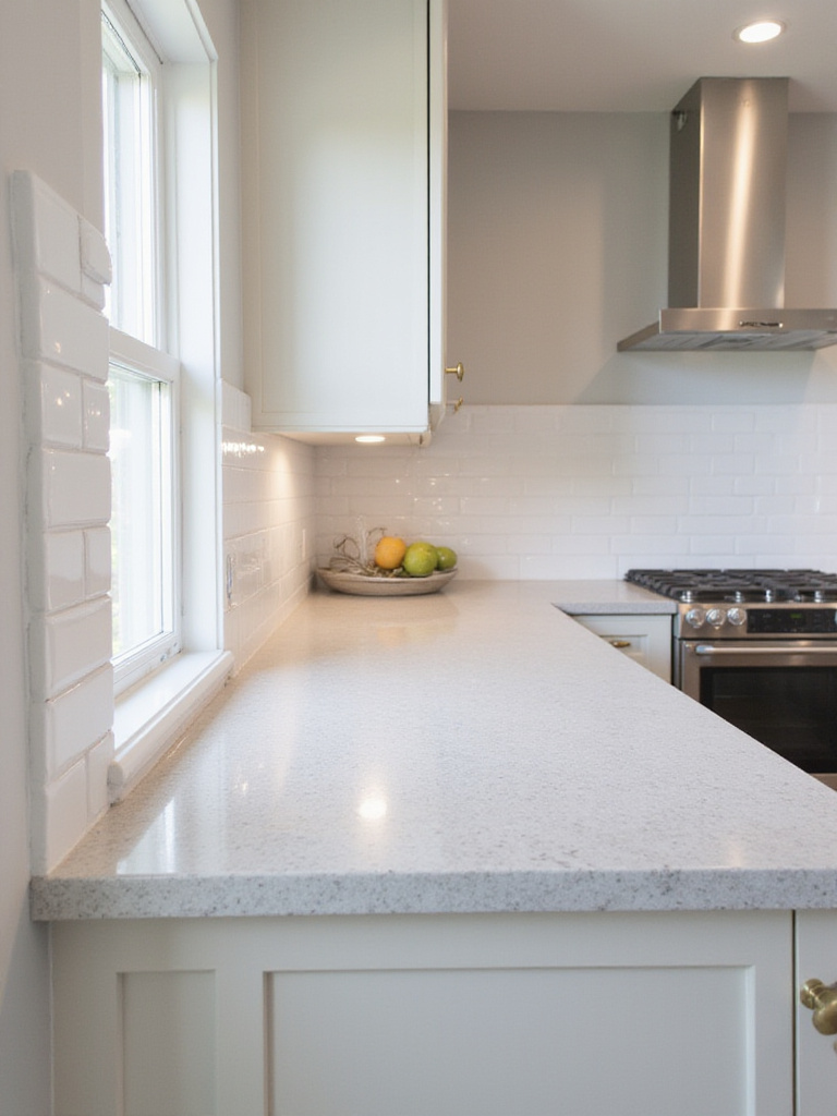 Light gray quartz countertop with white subway tile backsplash in a modern kitchen.