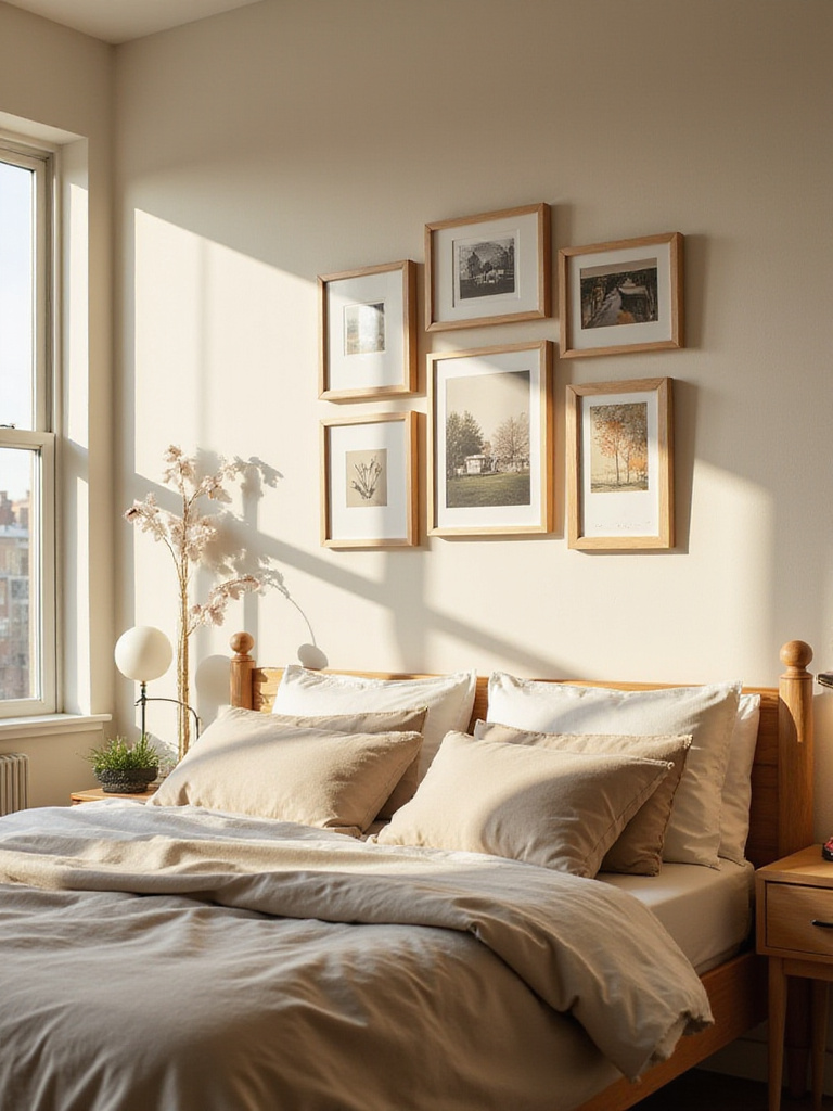 Apartment bedroom with gallery wall showcasing personal photos and art.