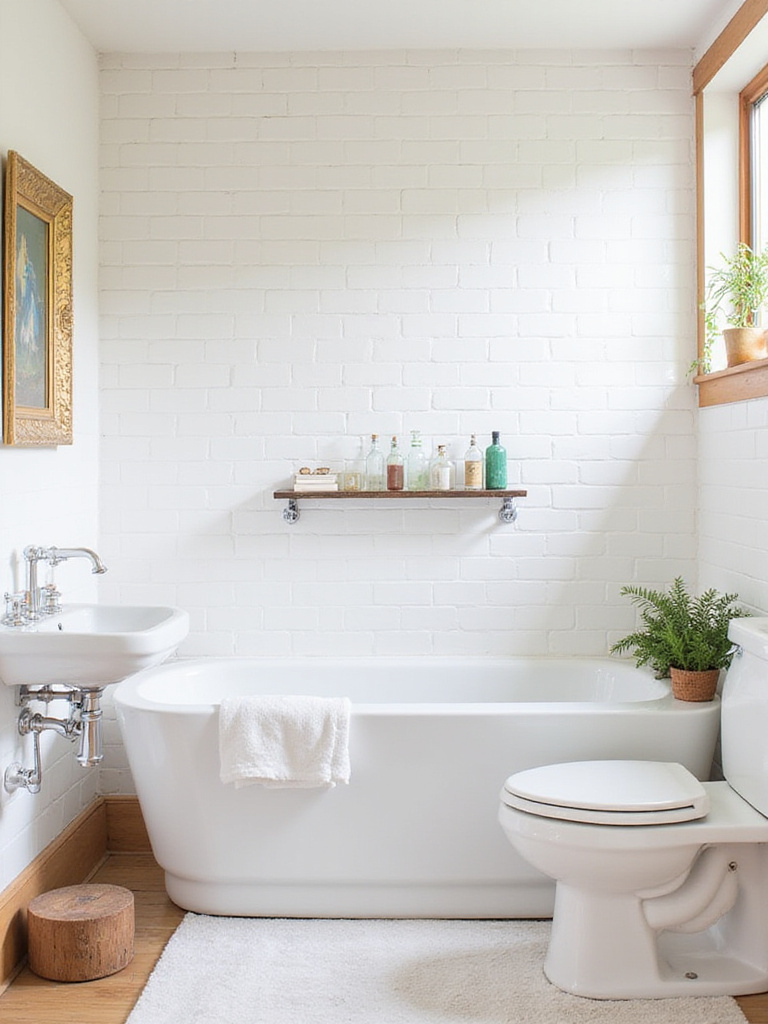 Bright bathroom with personal touches: vintage bottles, framed art, and a potted fern
