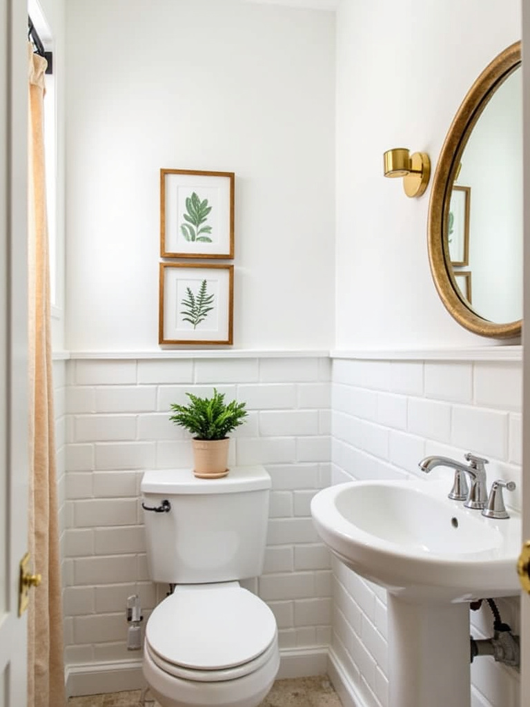 Apartment bathroom with gallery wall, decorative mirror, and floating shelf, showcasing personalized art and wall accents.