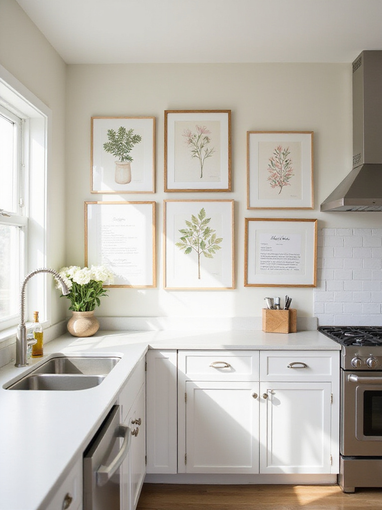 Kitchen wall decorated with DIY art prints, creating a personalized and budget-friendly space.