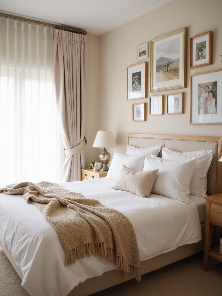 Romantic master bedroom with a personalized gallery wall featuring photos and artwork, creating a cozy and intimate space for couples.