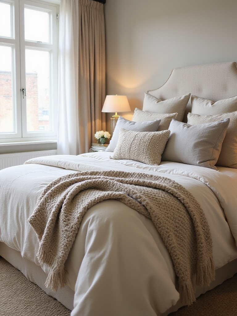 Cozy bedroom with layered bedding and multiple pillows in neutral tones.
