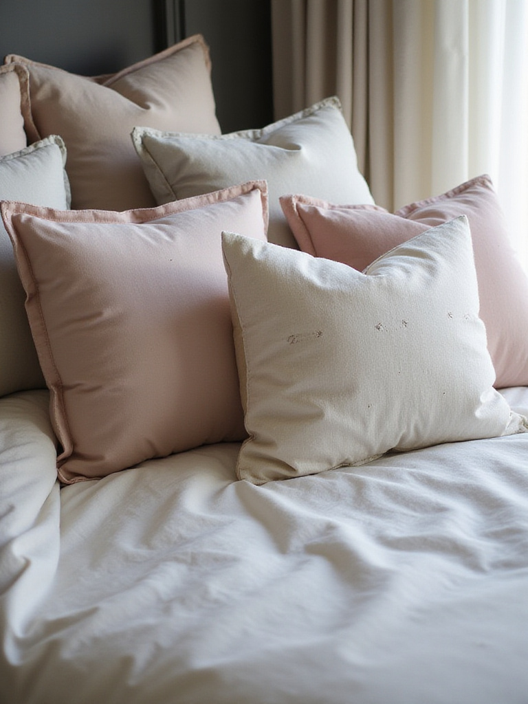 Luxurious bed piled with soft pillows in romantic colors and textures.