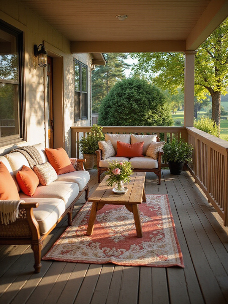 Cozy deck with plush pillows and soft throws creating a welcoming outdoor space.