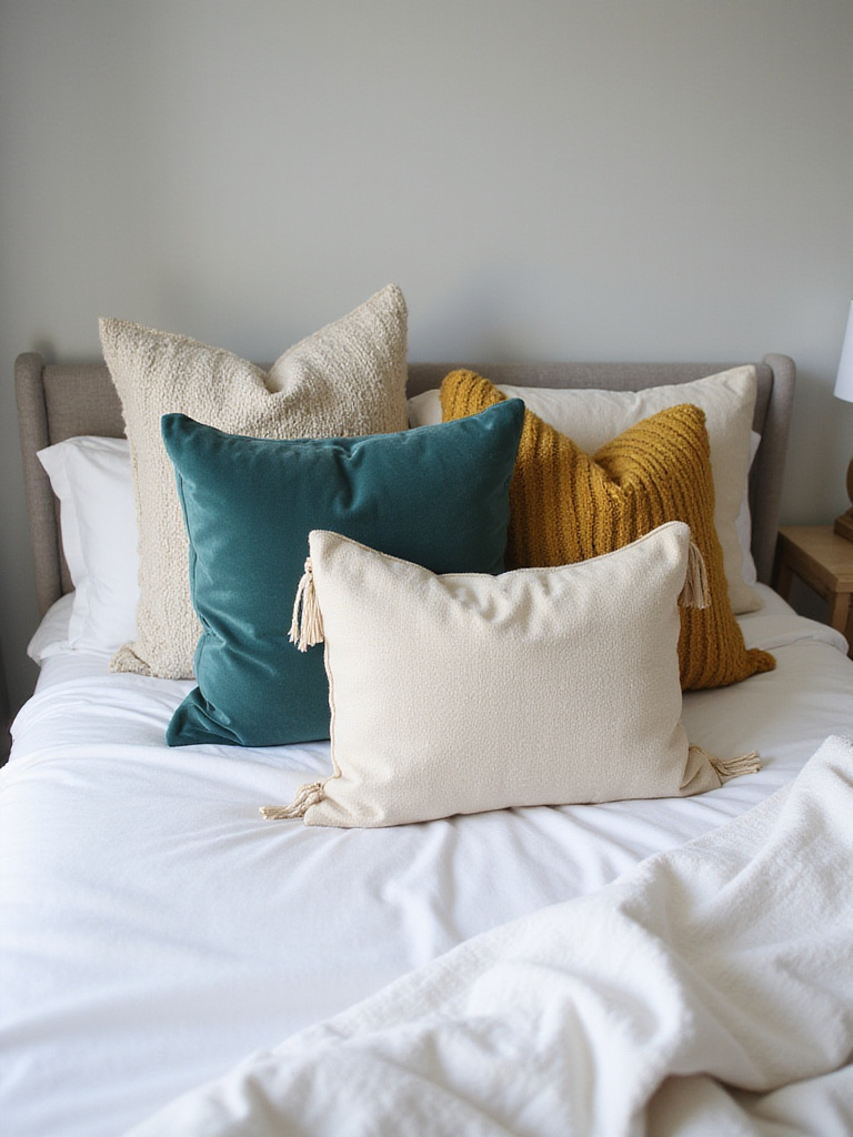 Apartment bedroom with a bed adorned with multiple throw pillows in varying textures and colors.