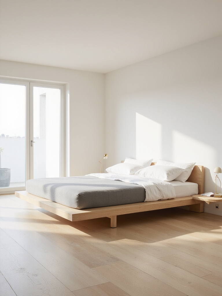 Minimalist bedroom featuring a light wood platform bed with grey mattress and white linen bedding.
