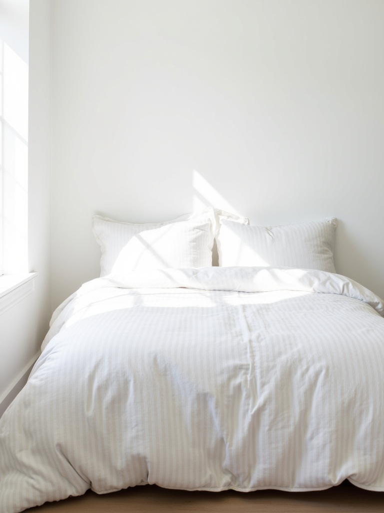 White bedroom with subtly striped linen duvet cover for added texture