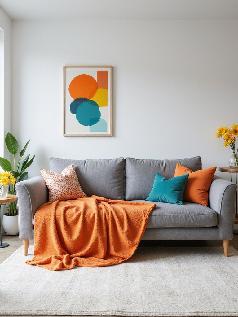 Apartment living room with neutral decor and pops of orange and yellow color accents.