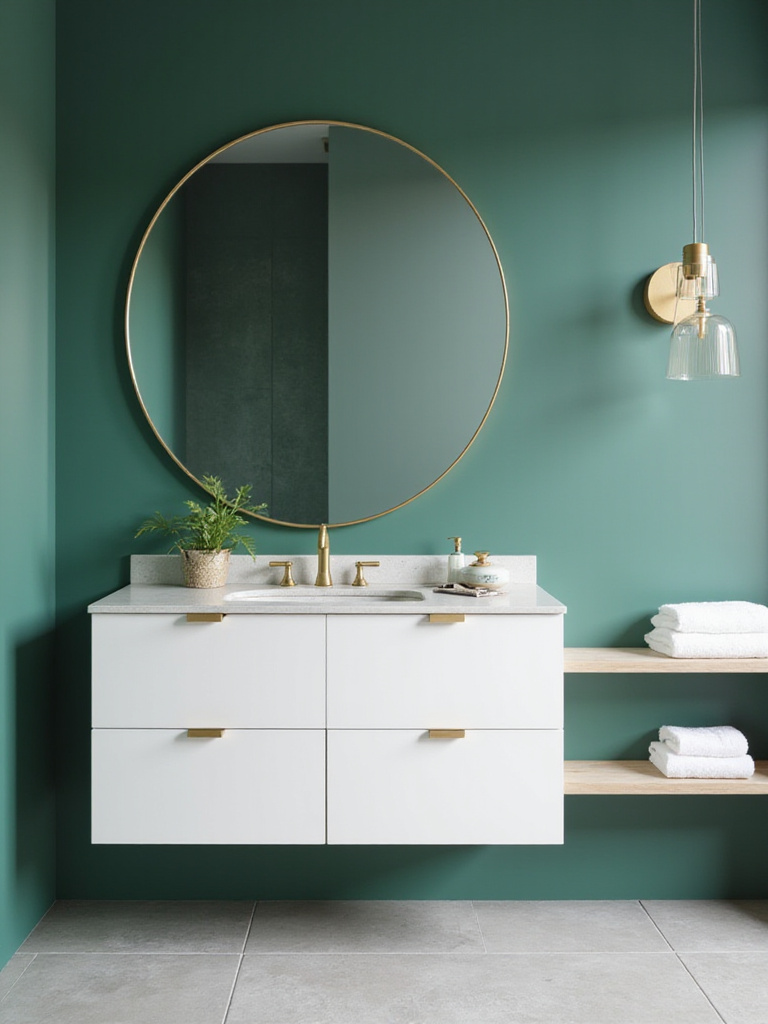 Modern bathroom with emerald green accent wall