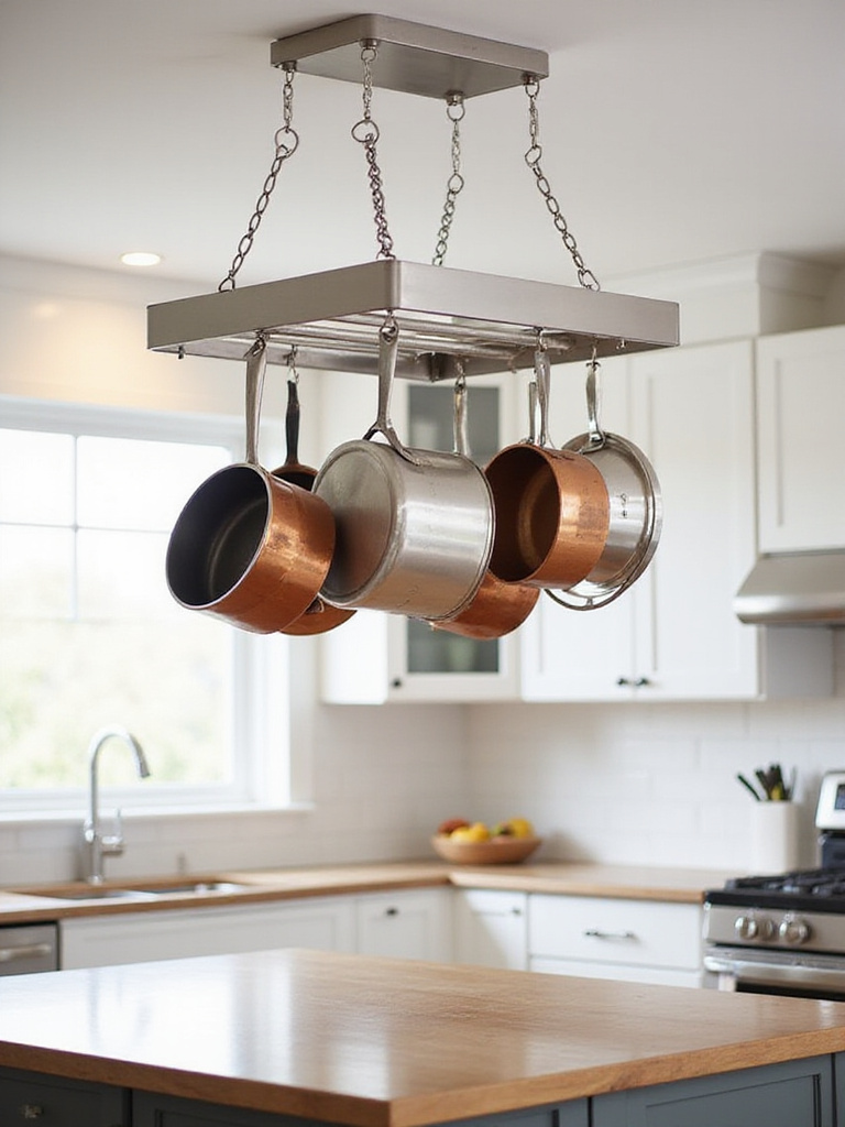 Stylish stainless steel pot rack hanging above kitchen island, displaying copper and stainless steel cookware.
