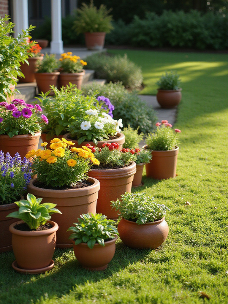 Colorful container garden featuring flowers, herbs, and vegetables on a lush green lawn.