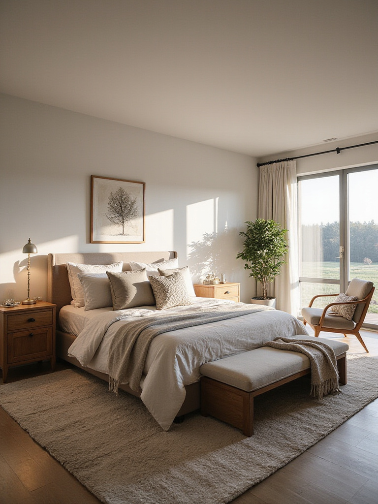 Comfortable and functional bedroom design for couples with neutral colors and layered textures.