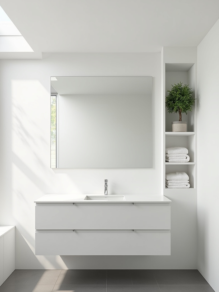 Minimalist bathroom with floating vanity, recessed shelving, and frameless mirror, emphasizing functionality and clean design.