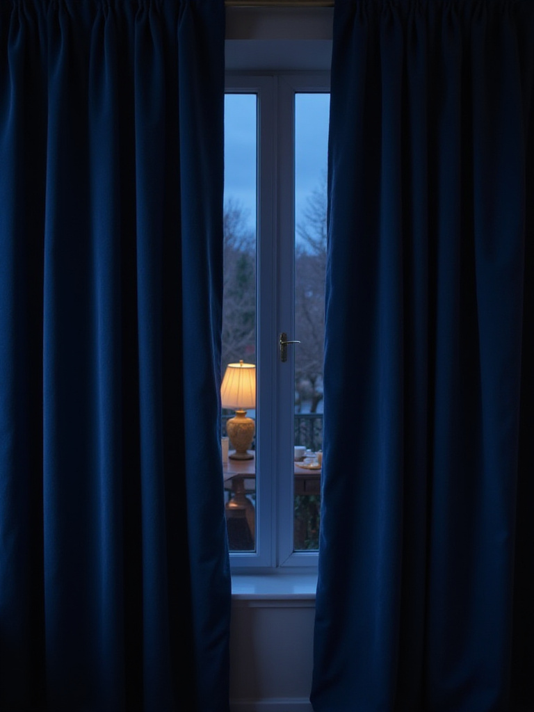 Dark blue velvet curtains completely closed, blocking outside light and ensuring privacy in a living room.