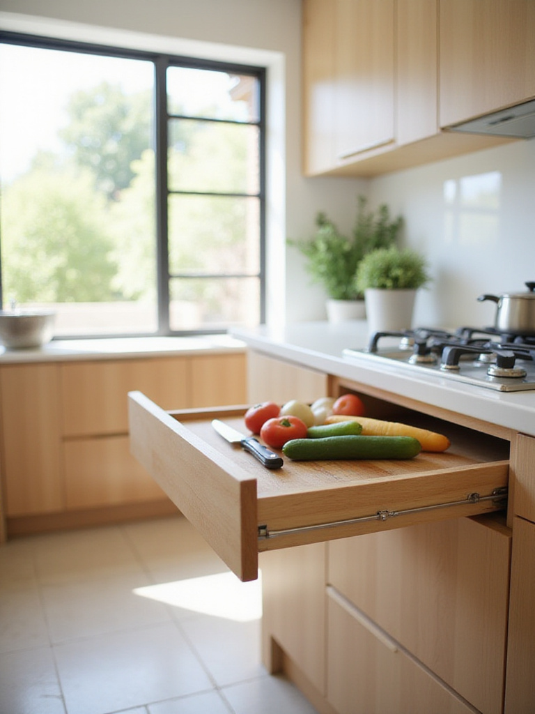 Pull-out cutting board extended in a small kitchen, offering extra prep space